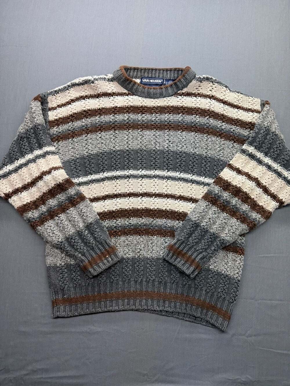 Van Heusen Over Easy Striped Sweater Size Large Gray Brown Vintage